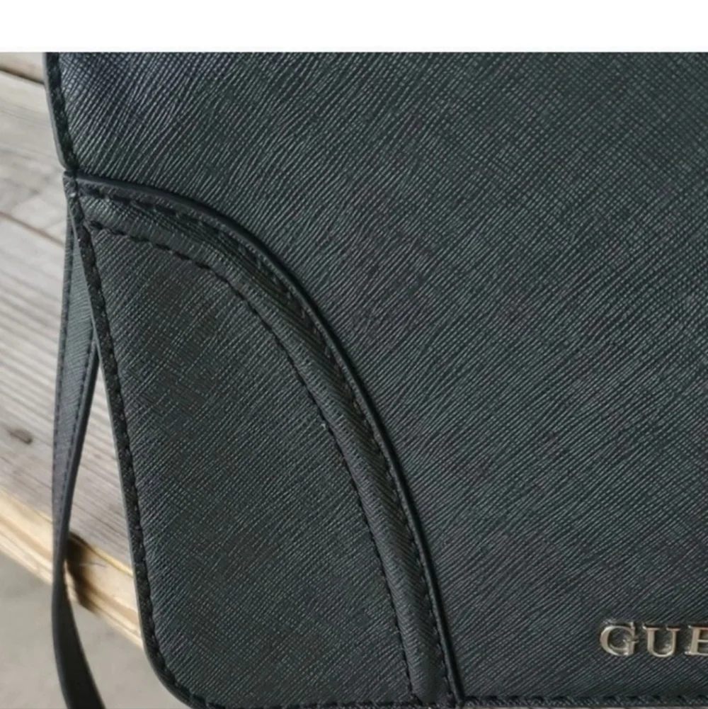 GUESS Black Faux Leather Rhinestone Flower Charm Shoulder Bag
